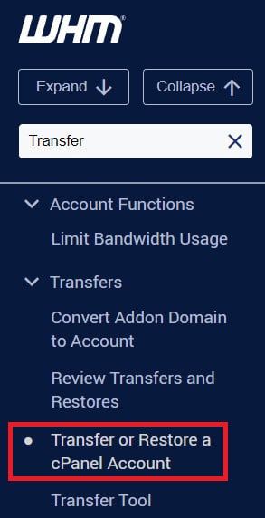 WHM transferir o restaurar cuenta CPanel