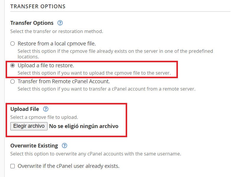Upload a File to Restore Cpanel